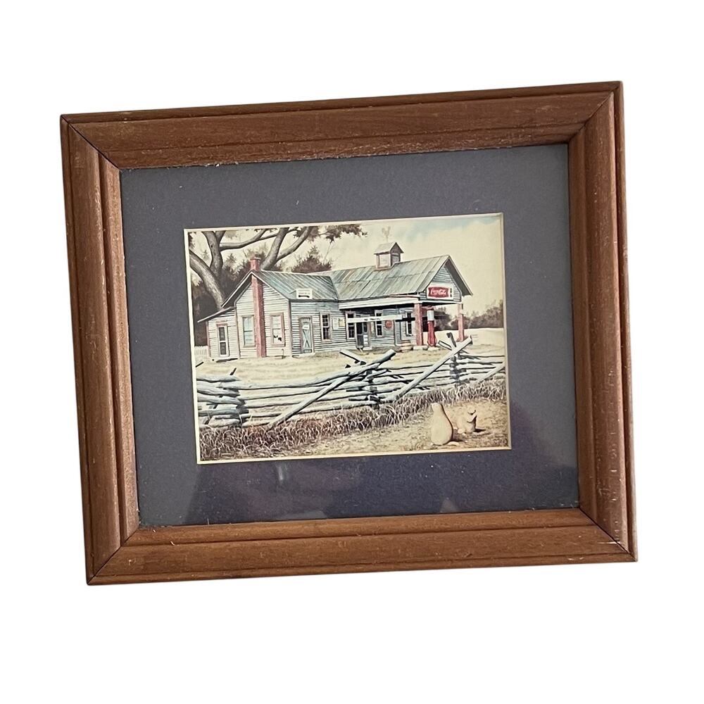 Vintage Miniature Country Store Matted Wood Glass Framed Print Coca-Cola 5x7”